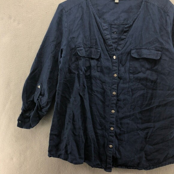 JM Collection 100% Linen Button Back Top Women 14 Nautical Coast Roll Tab Sleeve - Picture 4 of 11